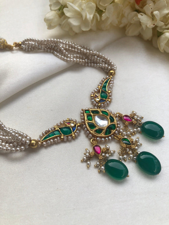 Kundan peacock green and pearls bunch choker-Silver Neckpiece-PL-House of Taamara