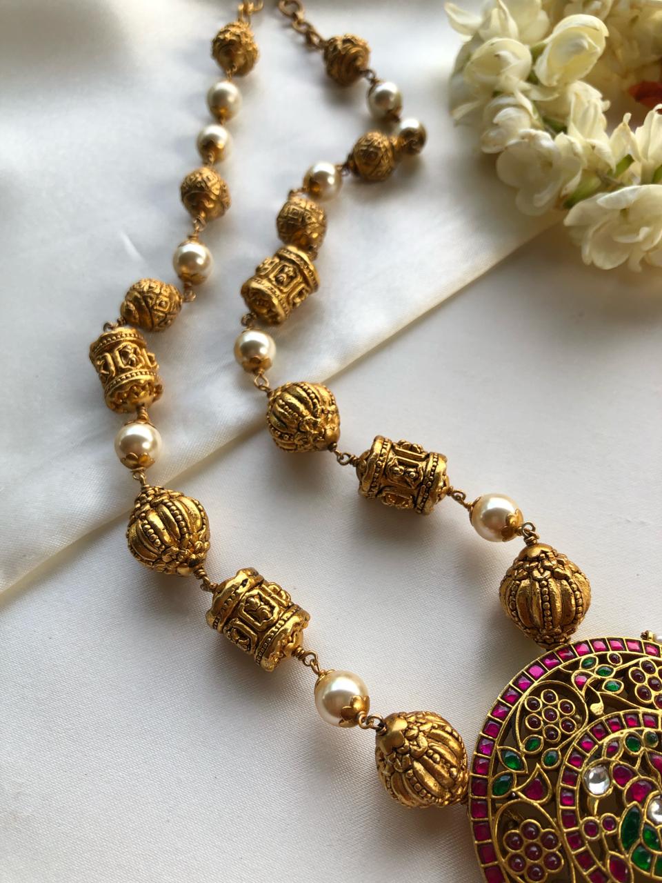 Kundan peacock pendant with Antique nakash beads and pearls-Silver Neckpiece-PL-House of Taamara