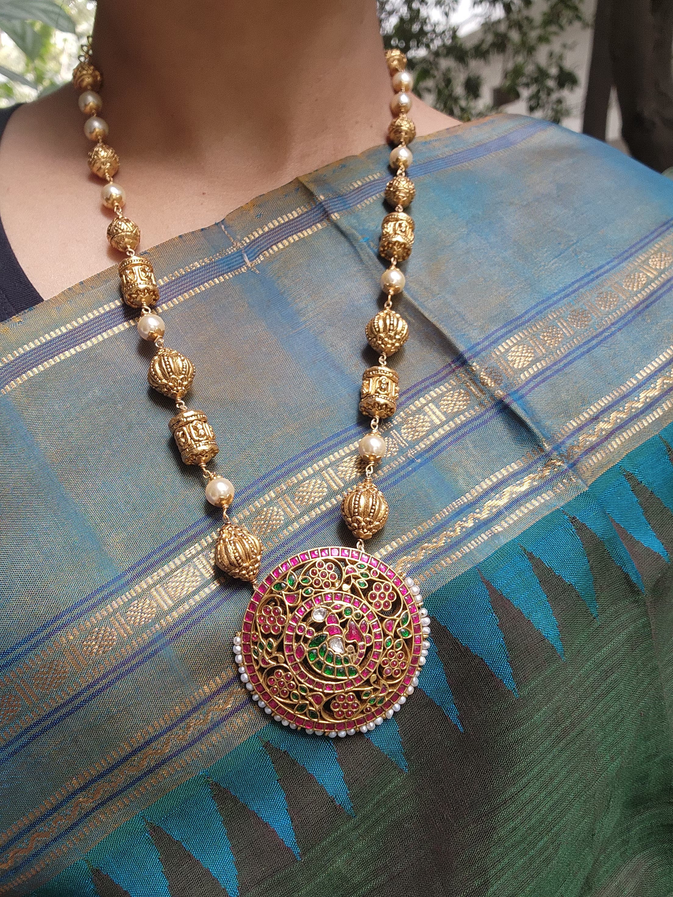 Kundan peacock pendant with Antique nakash beads and pearls-Silver Neckpiece-PL-House of Taamara