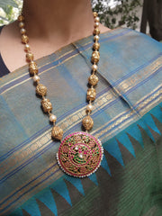 Kundan peacock pendant with Antique nakash beads and pearls-Silver Neckpiece-PL-House of Taamara