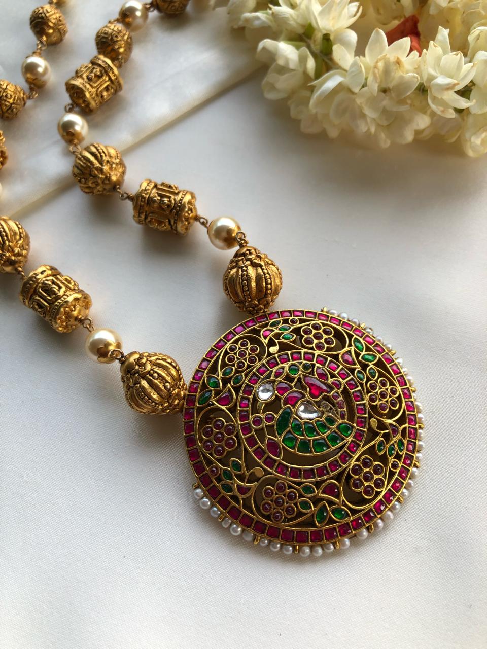 Kundan peacock pendant with Antique nakash beads and pearls-Silver Neckpiece-PL-House of Taamara