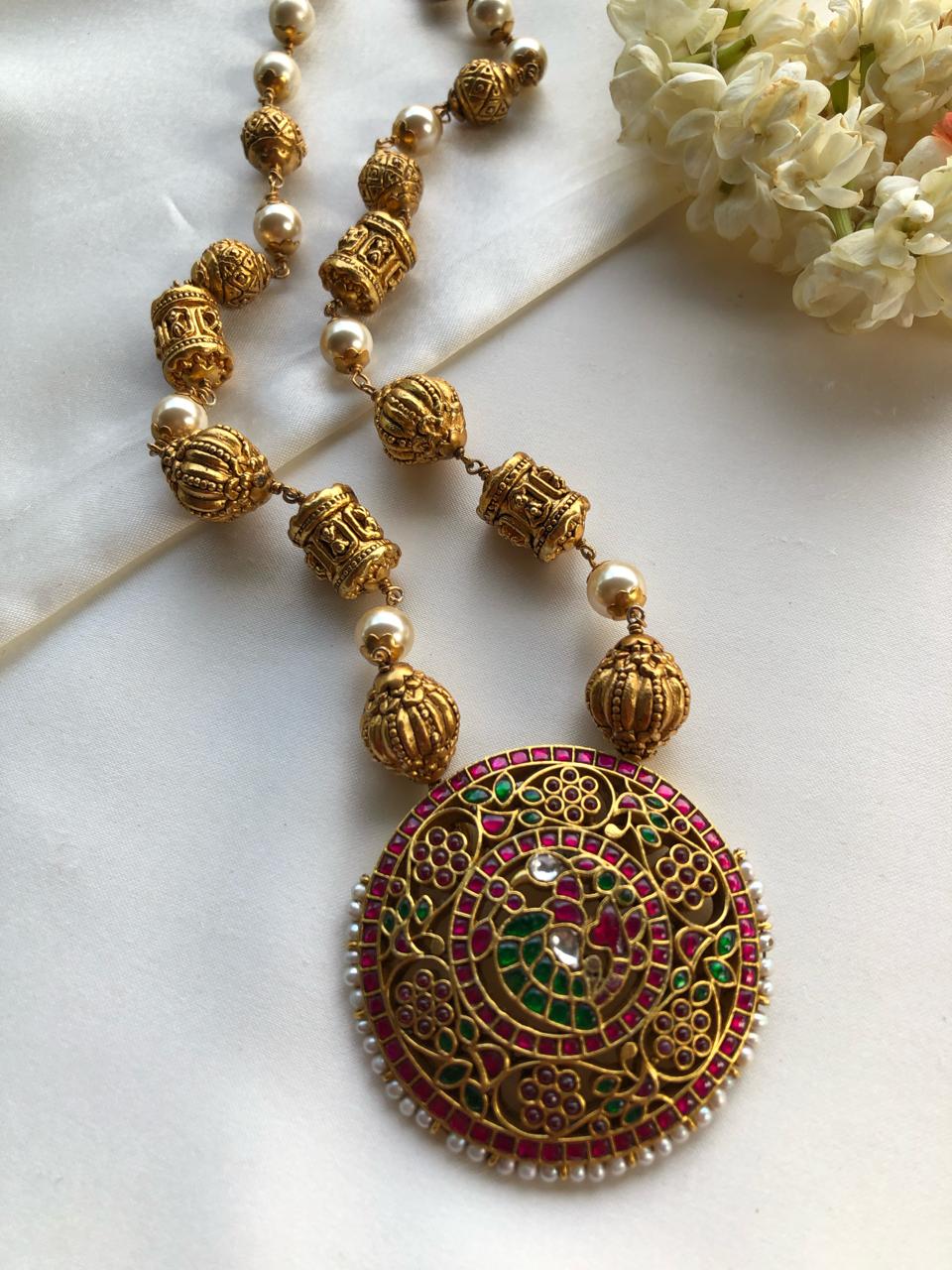 Kundan peacock pendant with Antique nakash beads and pearls-Silver Neckpiece-PL-House of Taamara