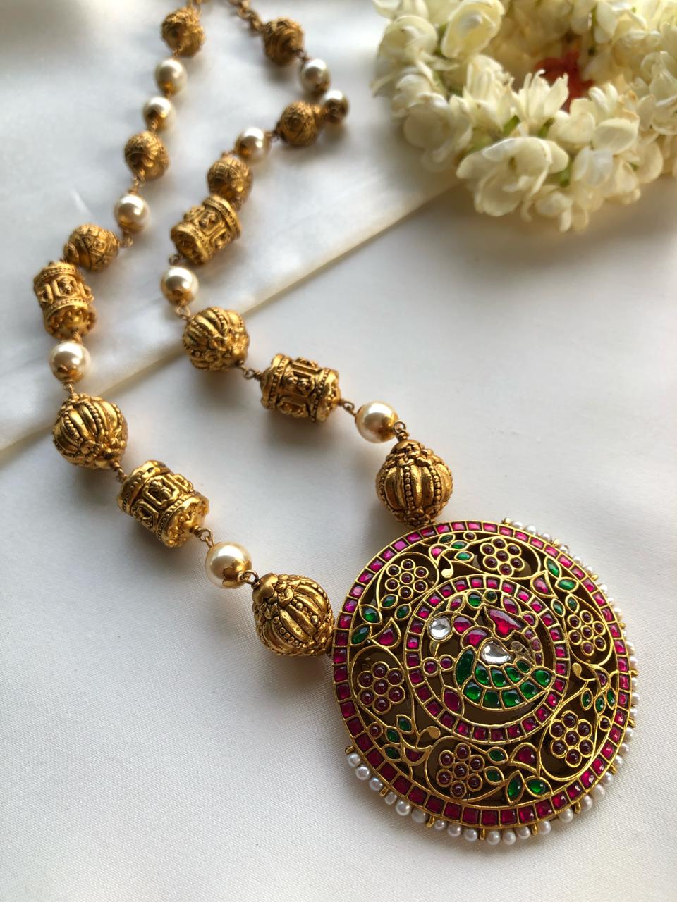 Kundan peacock pendant with Antique nakash beads and pearls-Silver Neckpiece-PL-House of Taamara