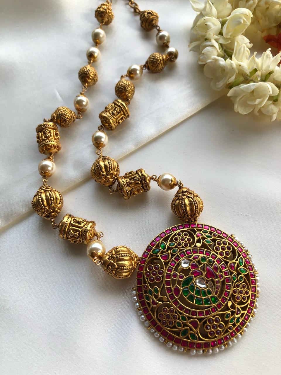 Kundan peacock pendant with Antique nakash beads and pearls-Silver Neckpiece-PL-House of Taamara