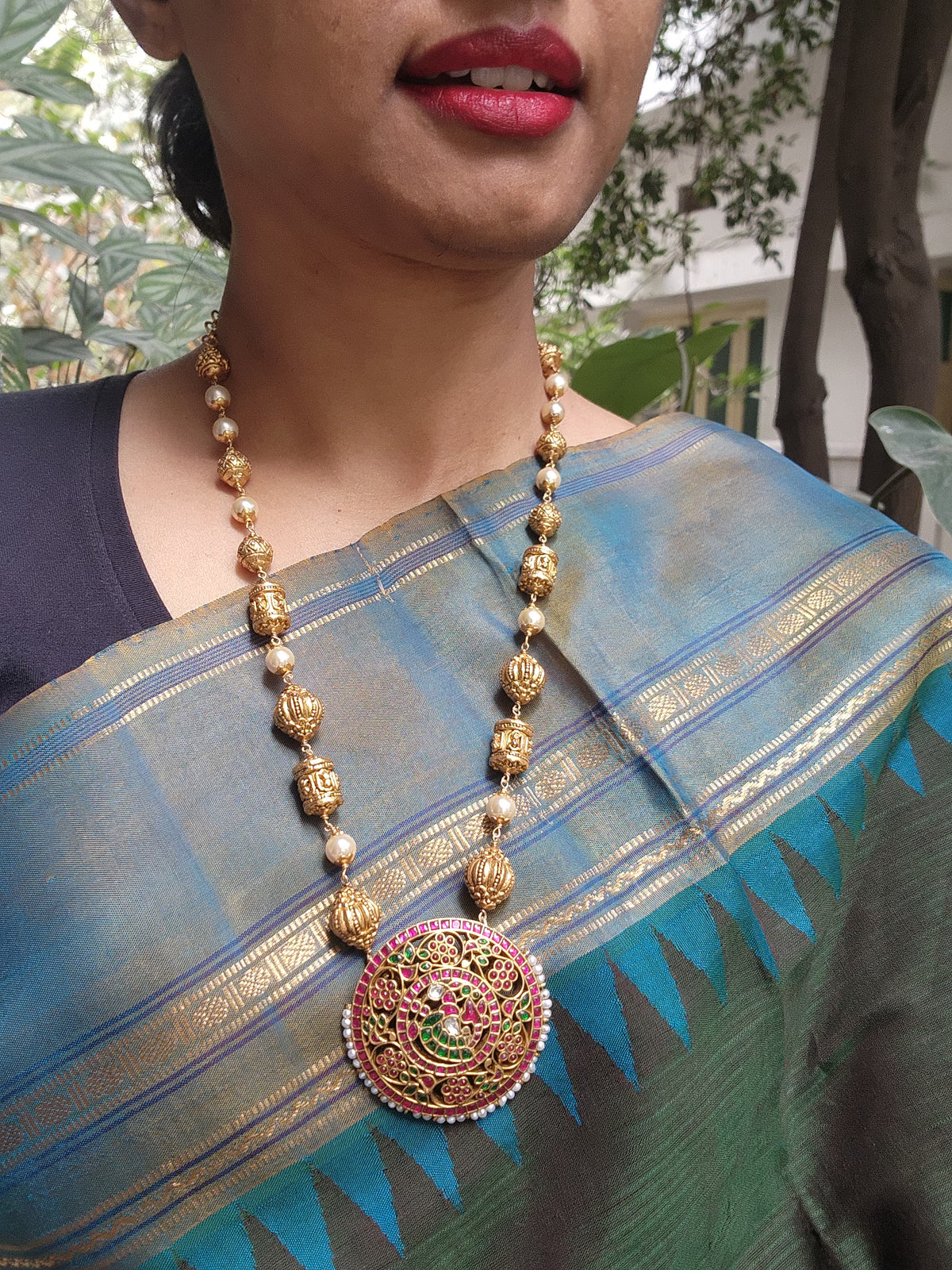 Kundan peacock pendant with Antique nakash beads and pearls-Silver Neckpiece-PL-House of Taamara