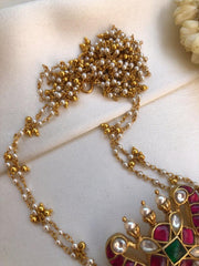 Kundan peacock pendant with bunch pearls mala & gold polish jhumka-Silver Neckpiece-PL-House of Taamara