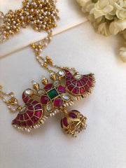 Kundan peacock pendant with bunch pearls mala & gold polish jhumka-Silver Neckpiece-PL-House of Taamara