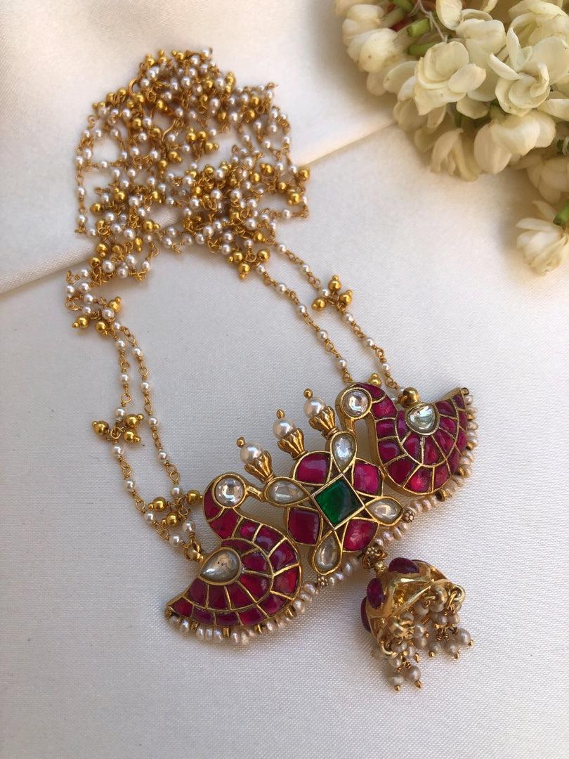 Kundan peacock pendant with bunch pearls mala & gold polish jhumka-Silver Neckpiece-PL-House of Taamara