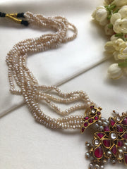 Kundan peacock pendant with ruby & antique style pearls mala-Silver Neckpiece-PL-House of Taamara