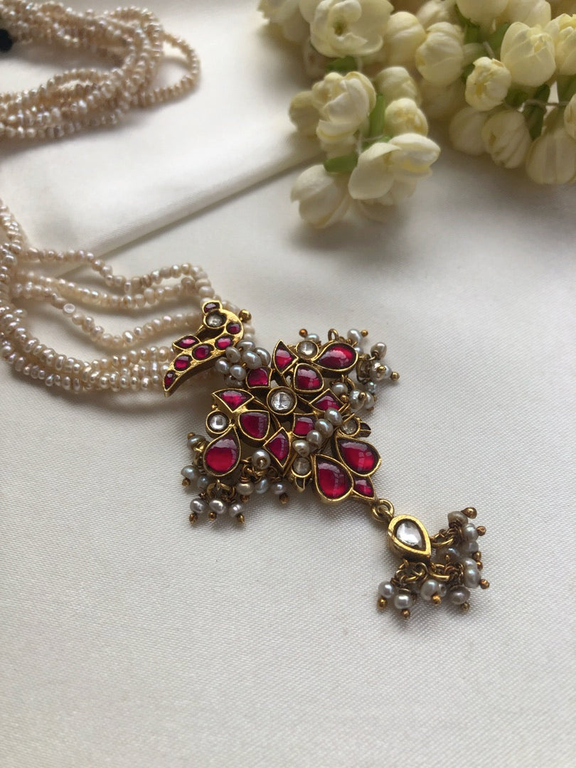 Kundan peacock pendant with ruby & antique style pearls mala-Silver Neckpiece-PL-House of Taamara