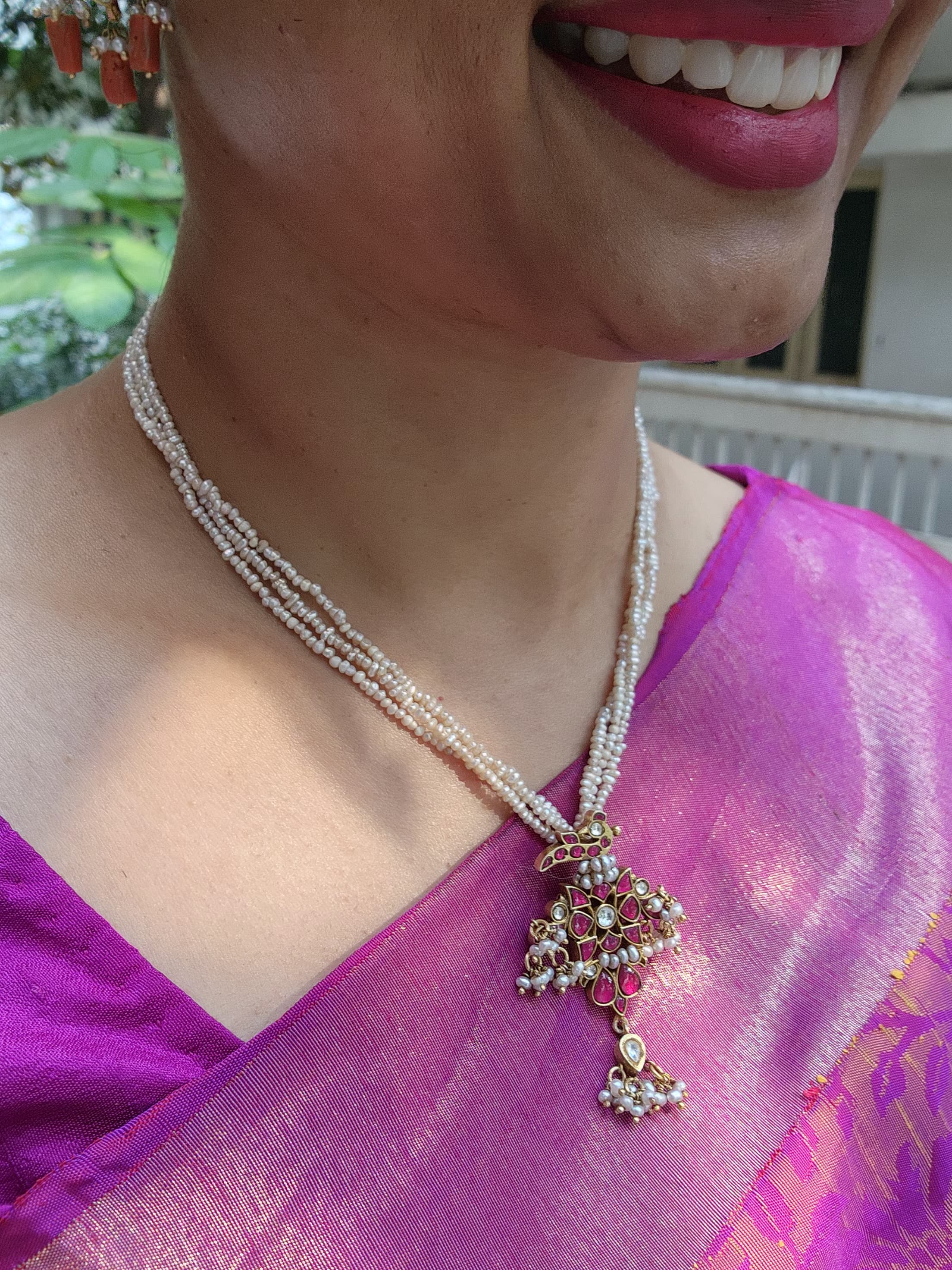 Kundan peacock pendant with ruby & antique style pearls mala-Silver Neckpiece-PL-House of Taamara