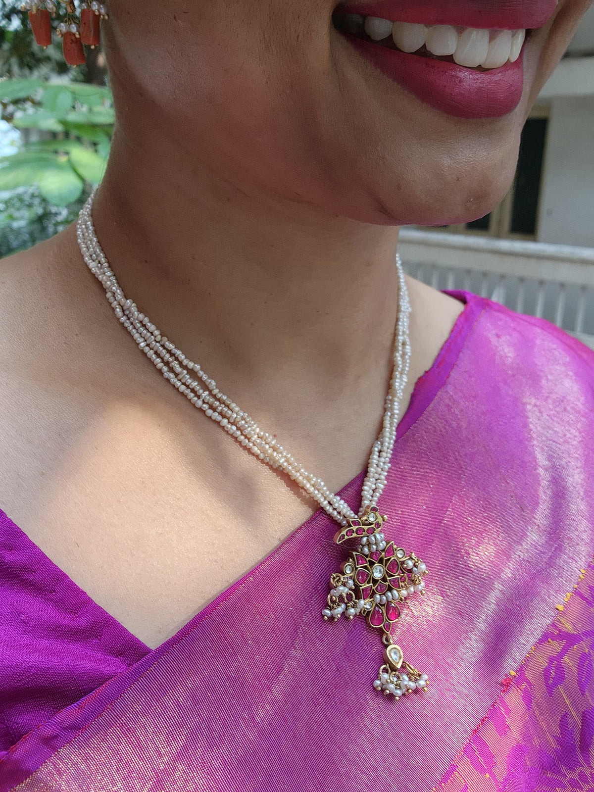 Kundan peacock pendant with ruby & antique style pearls mala-Silver Neckpiece-PL-House of Taamara