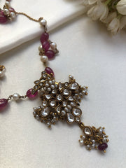 Kundan peacock pendant with ruby & pearls necklace-Silver Neckpiece-PL-House of Taamara