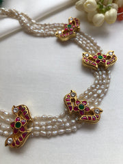 Kundan peacock with antique style oval pearls necklace-Silver Neckpiece-PL-House of Taamara