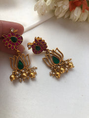 Kundan peacock with green lotus hangings-Earrings-PL-House of Taamara