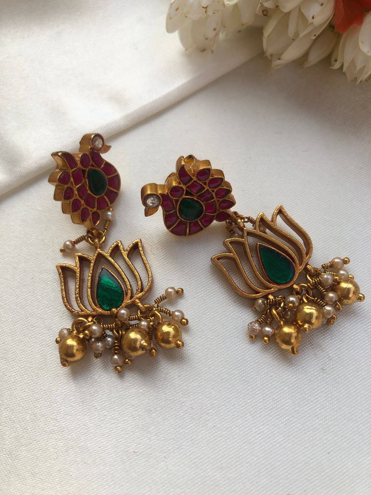 Kundan peacock with green lotus hangings-Earrings-PL-House of Taamara