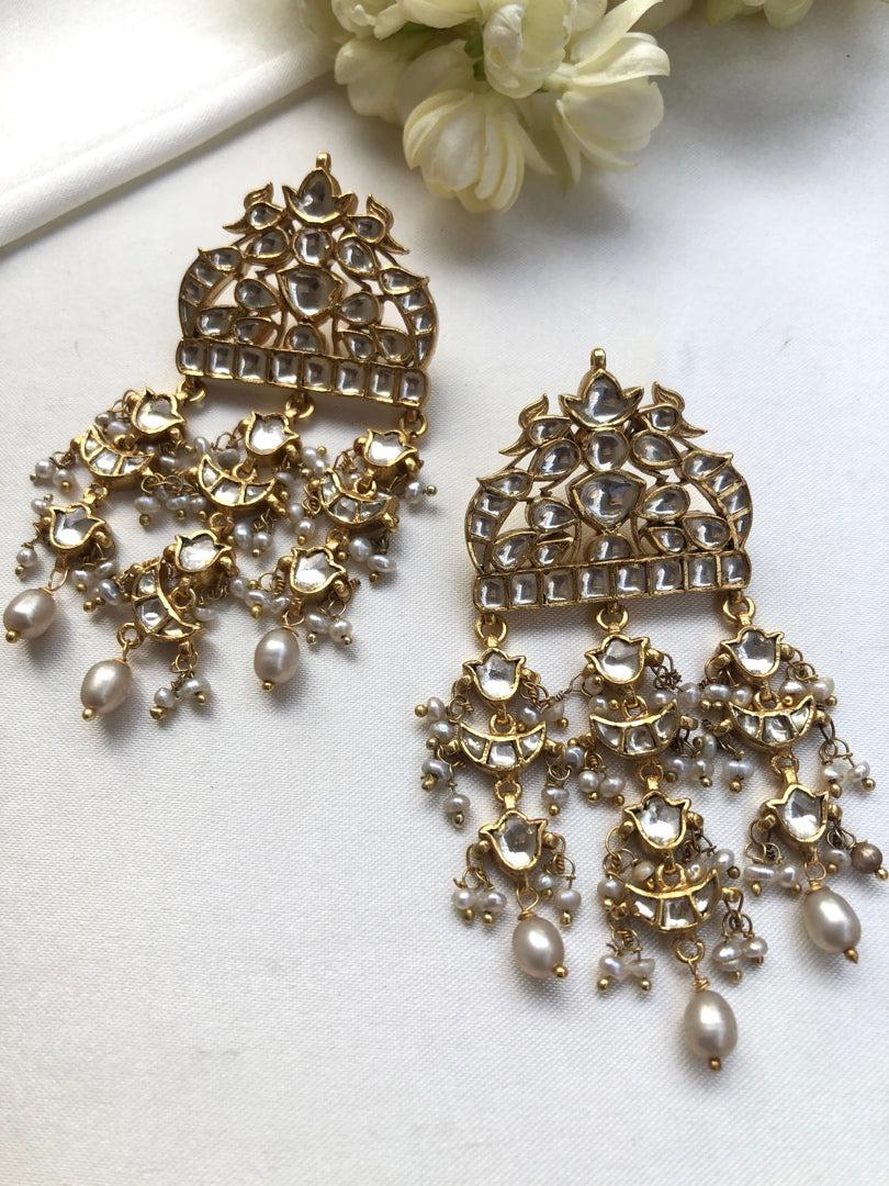 Kundan peacock with pearls long hangings-Earrings-PL-House of Taamara