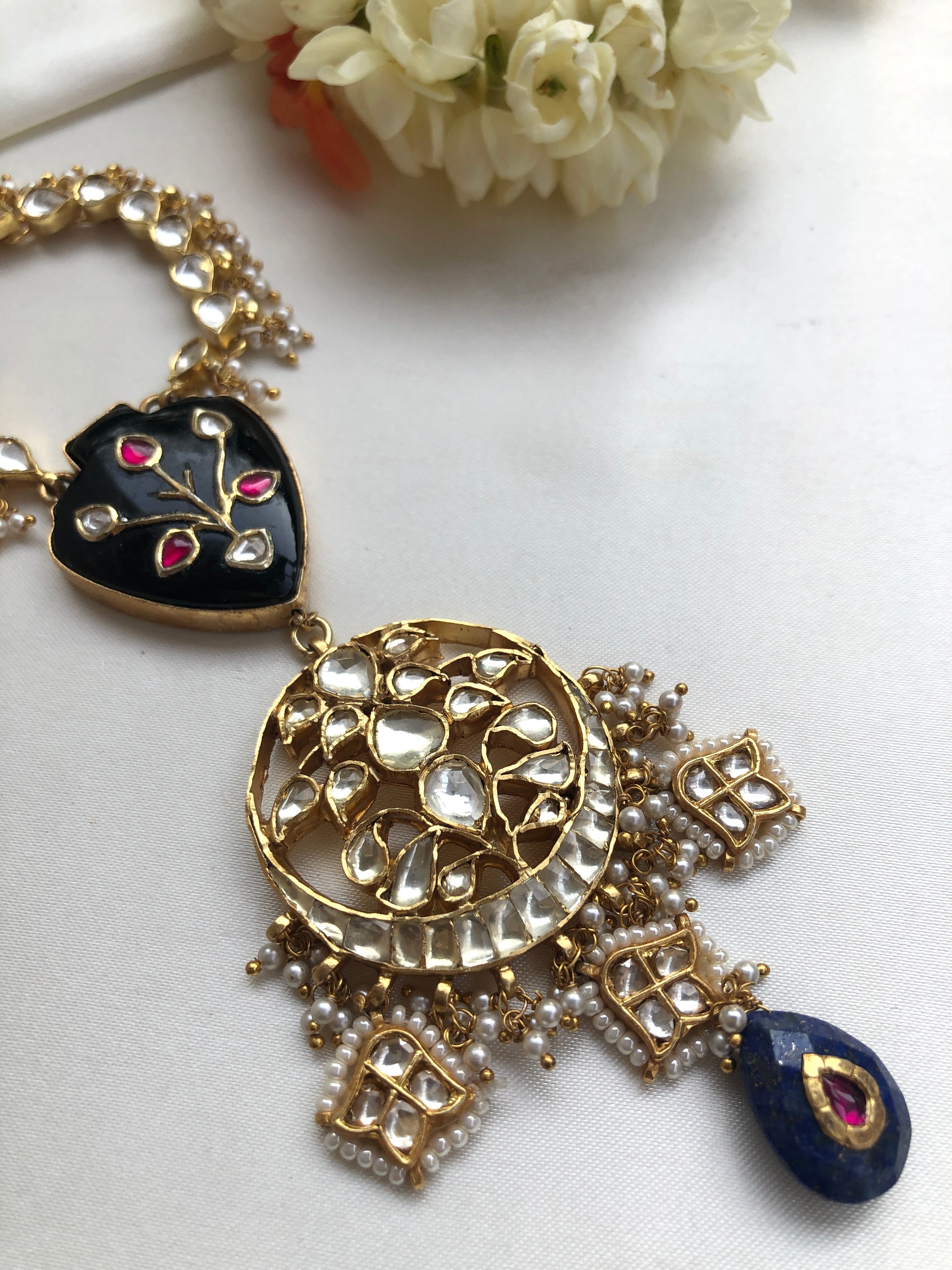 Kundan & pearls chain with grey onyx and kundan inlay work pendant-Silver Neckpiece-PL-House of Taamara