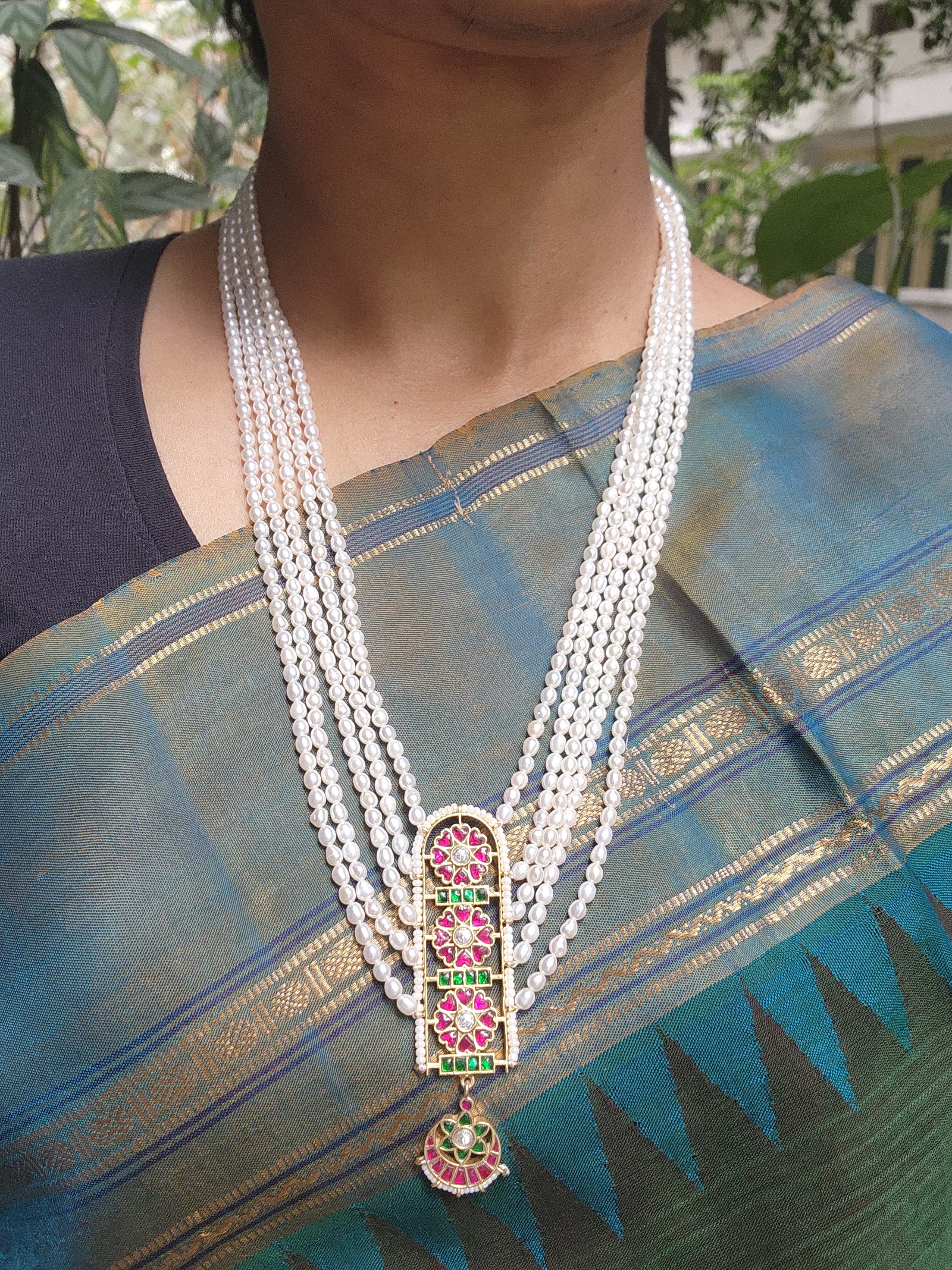 Kundan pendant with Pearls layer necklace-Silver Neckpiece-PL-House of Taamara