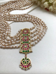 Kundan pendant with Pearls layer necklace-Silver Neckpiece-PL-House of Taamara