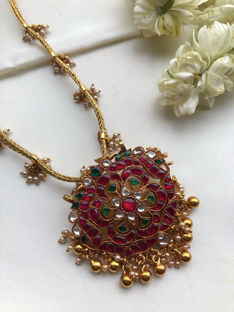 Kundan pendant with bunch pearls chain-Silver Neckpiece-PL-House of Taamara