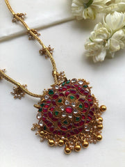 Kundan pendant with bunch pearls chain-Silver Neckpiece-PL-House of Taamara