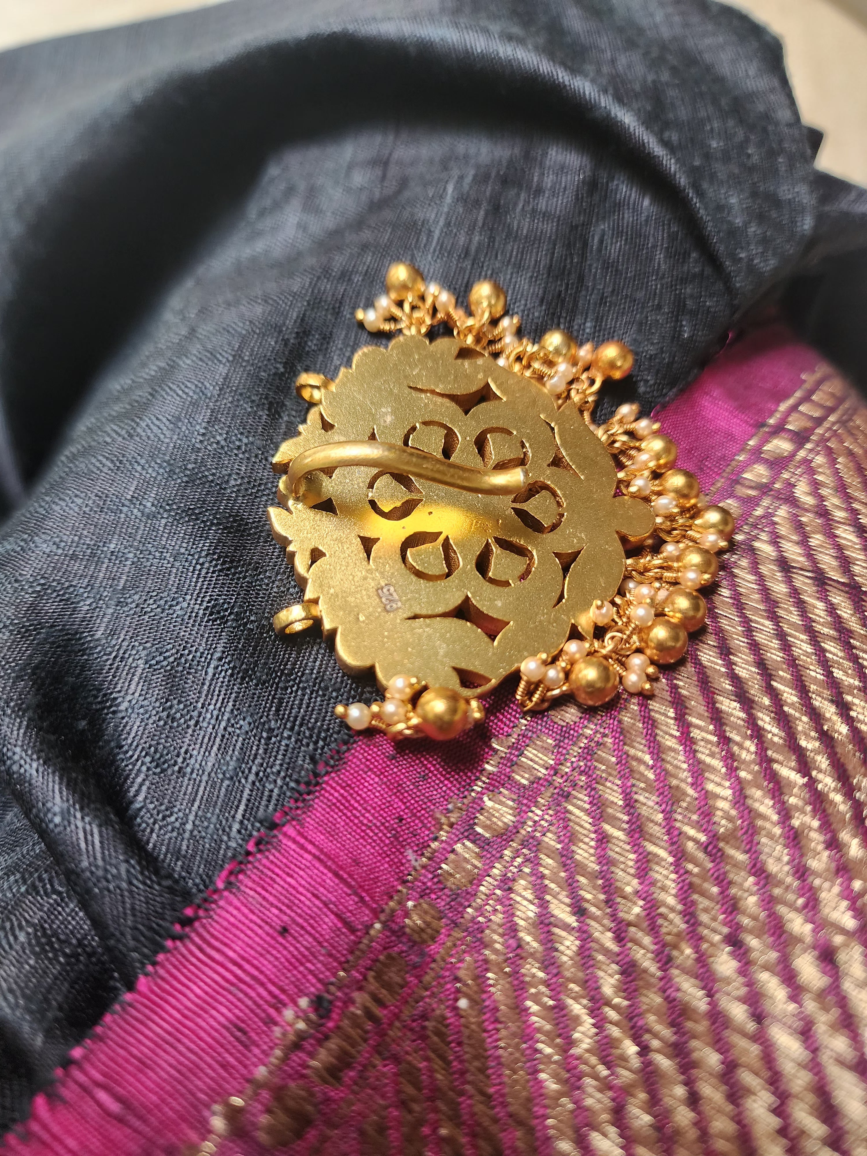 Kundan pendant with bunch pearls chain-Silver Neckpiece-PL-House of Taamara