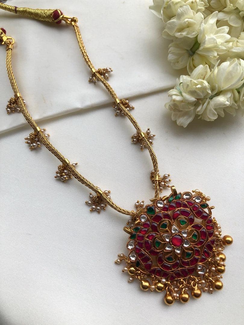 Kundan pendant with bunch pearls chain-Silver Neckpiece-PL-House of Taamara