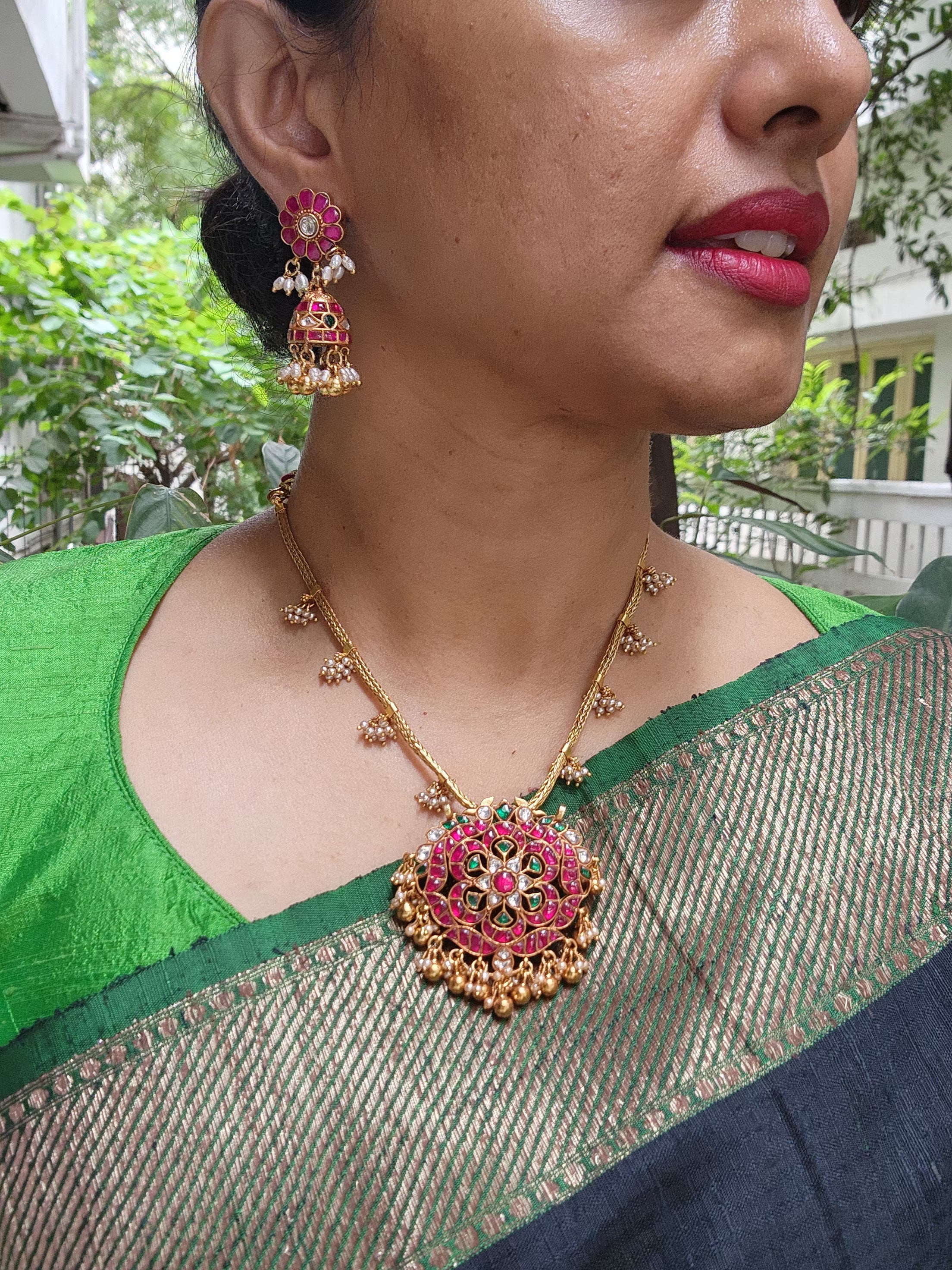 Kundan pendant with bunch pearls chain-Silver Neckpiece-PL-House of Taamara