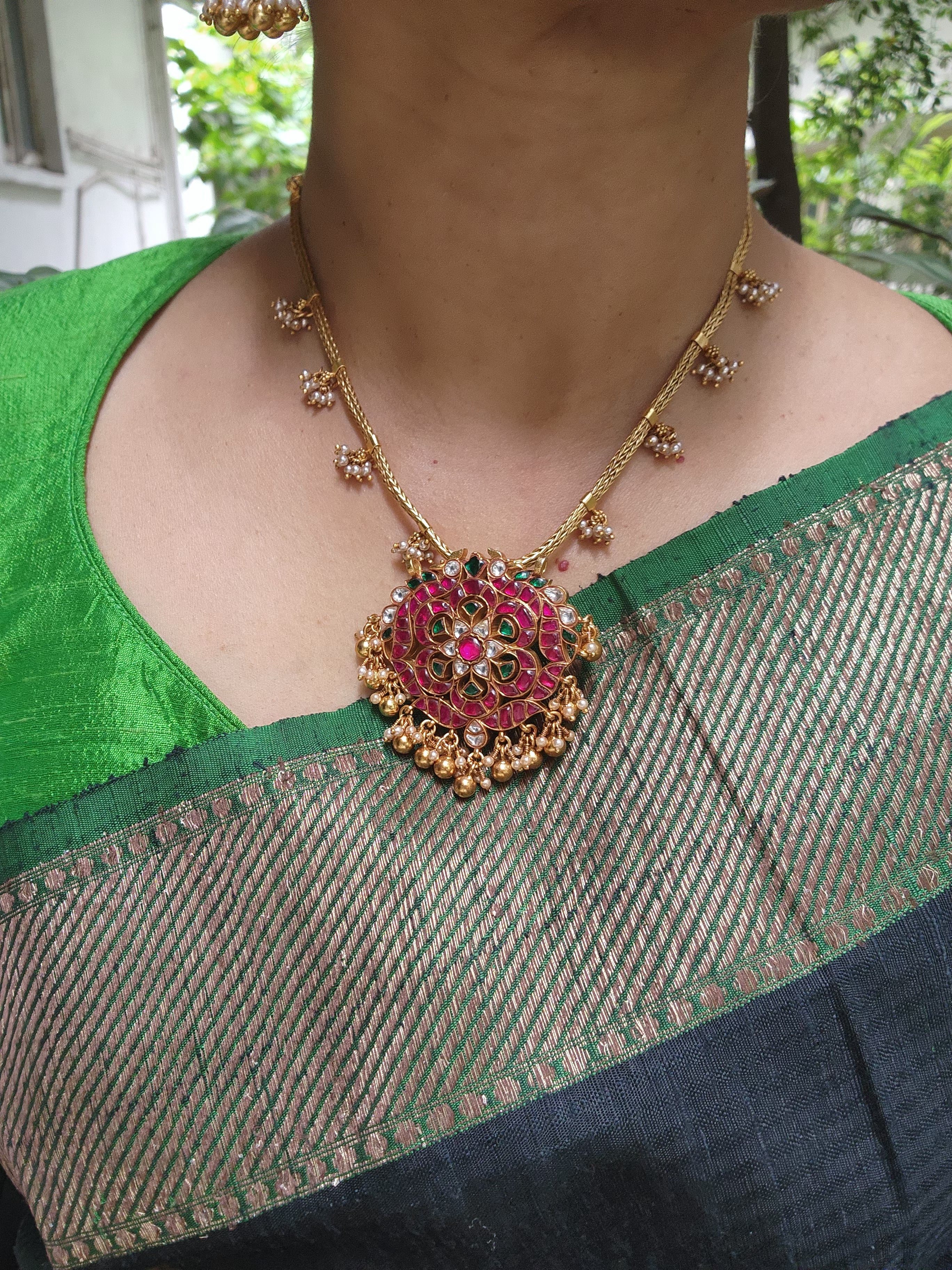 Kundan pendant with bunch pearls chain-Silver Neckpiece-PL-House of Taamara