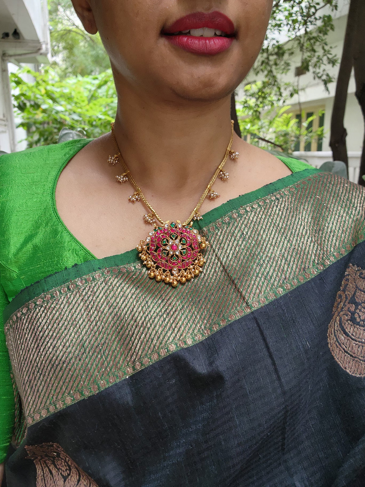 Kundan pendant with bunch pearls chain-Silver Neckpiece-PL-House of Taamara