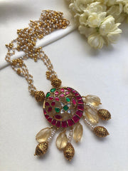 Kundan pendant with citrine beads & pearls necklace-Silver Neckpiece-PL-House of Taamara