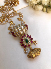 Kundan pendant with flower & antique style bead-Silver Neckpiece-PL-House of Taamara