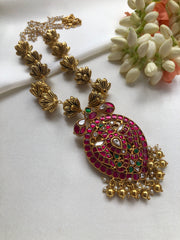 Kundan pendant with flower beads chain-Silver Neckpiece-PL-House of Taamara