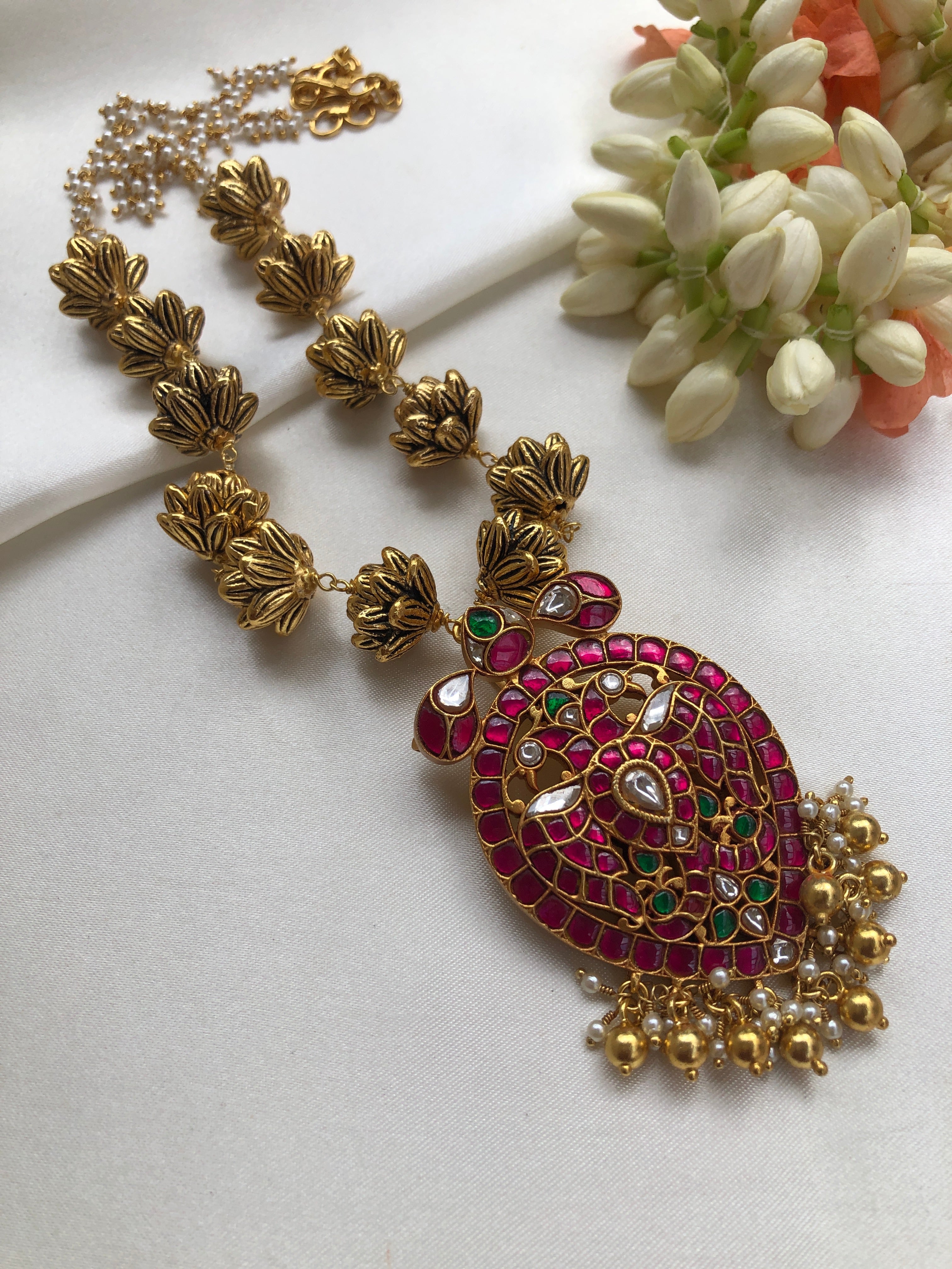 Kundan pendant with flower beads chain-Silver Neckpiece-PL-House of Taamara