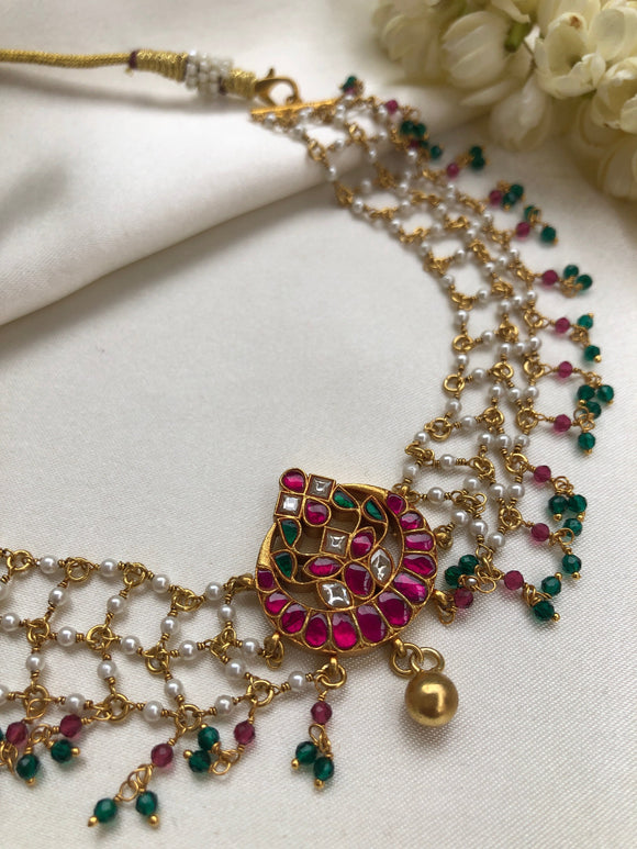 Kundan pendant with jaali necklace, green & pink beads-Silver Neckpiece-PL-House of Taamara