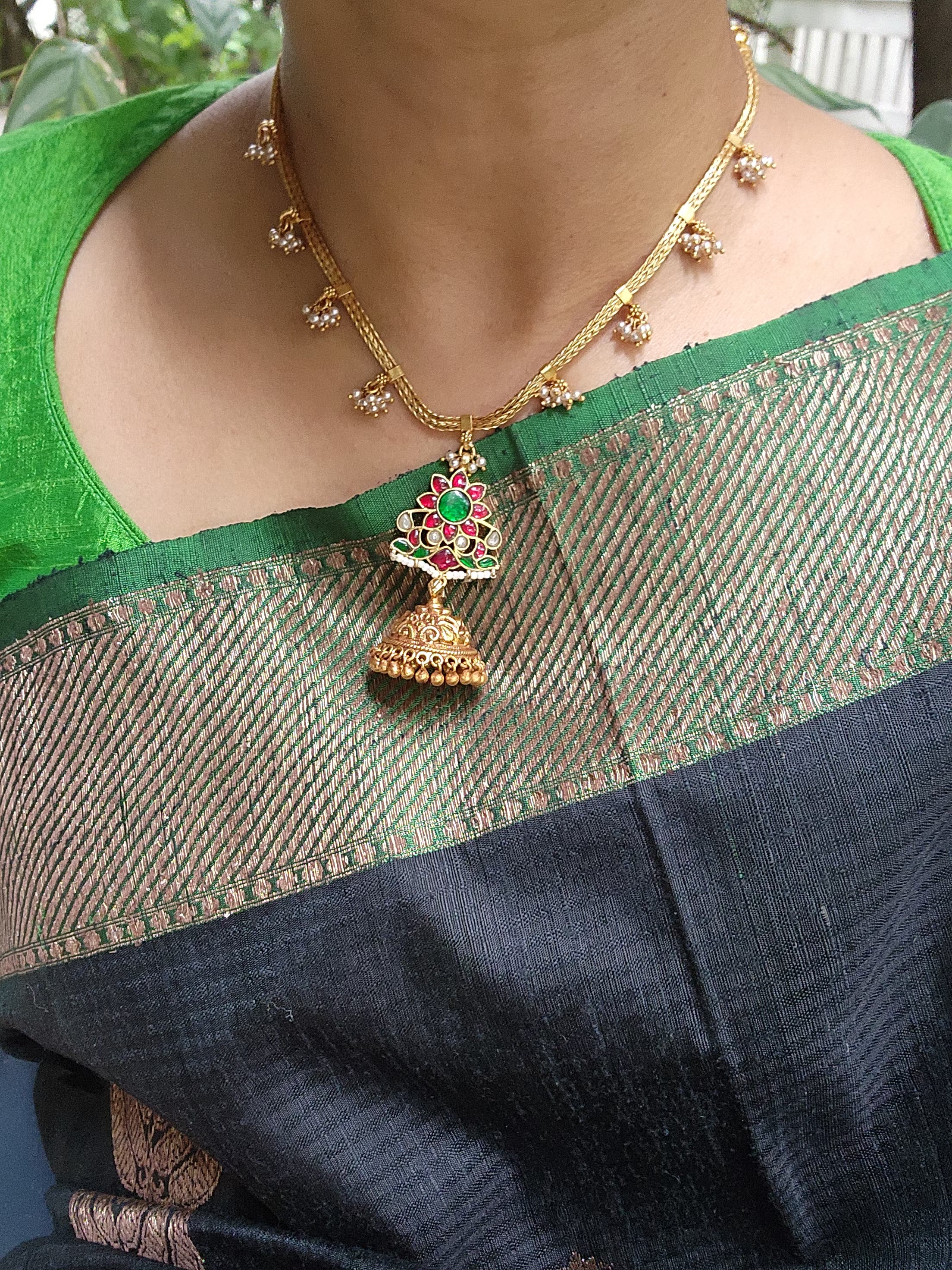 Kundan pendant with jhumka and bunch pearls chain-Silver Neckpiece-PL-House of Taamara