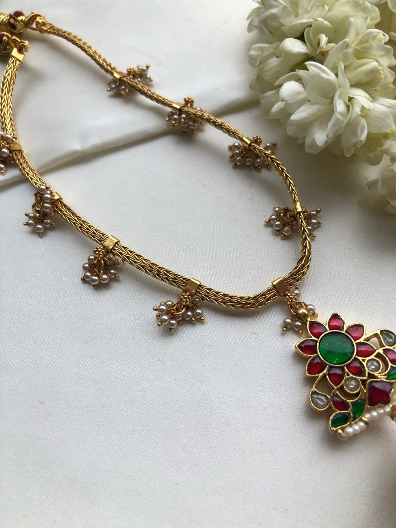 Kundan pendant with jhumka and bunch pearls chain-Silver Neckpiece-PL-House of Taamara