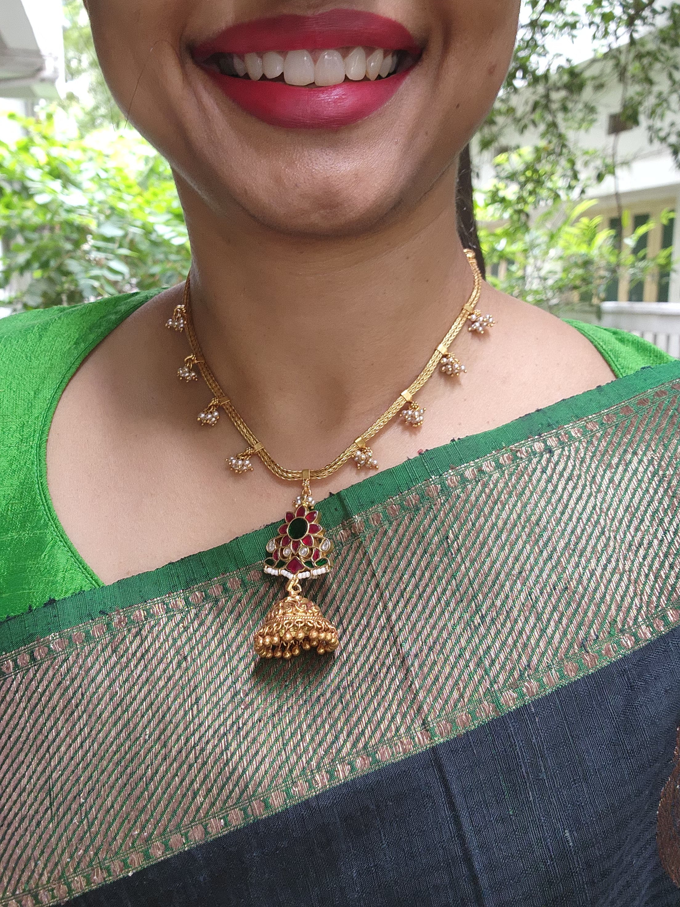 Kundan pendant with jhumka and bunch pearls chain-Silver Neckpiece-PL-House of Taamara