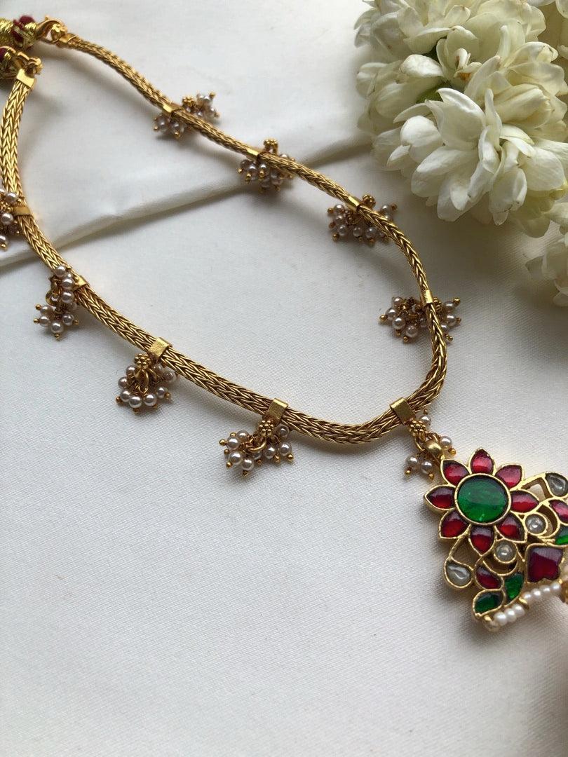 Kundan pendant with jhumka and bunch pearls chain-Silver Neckpiece-PL-House of Taamara
