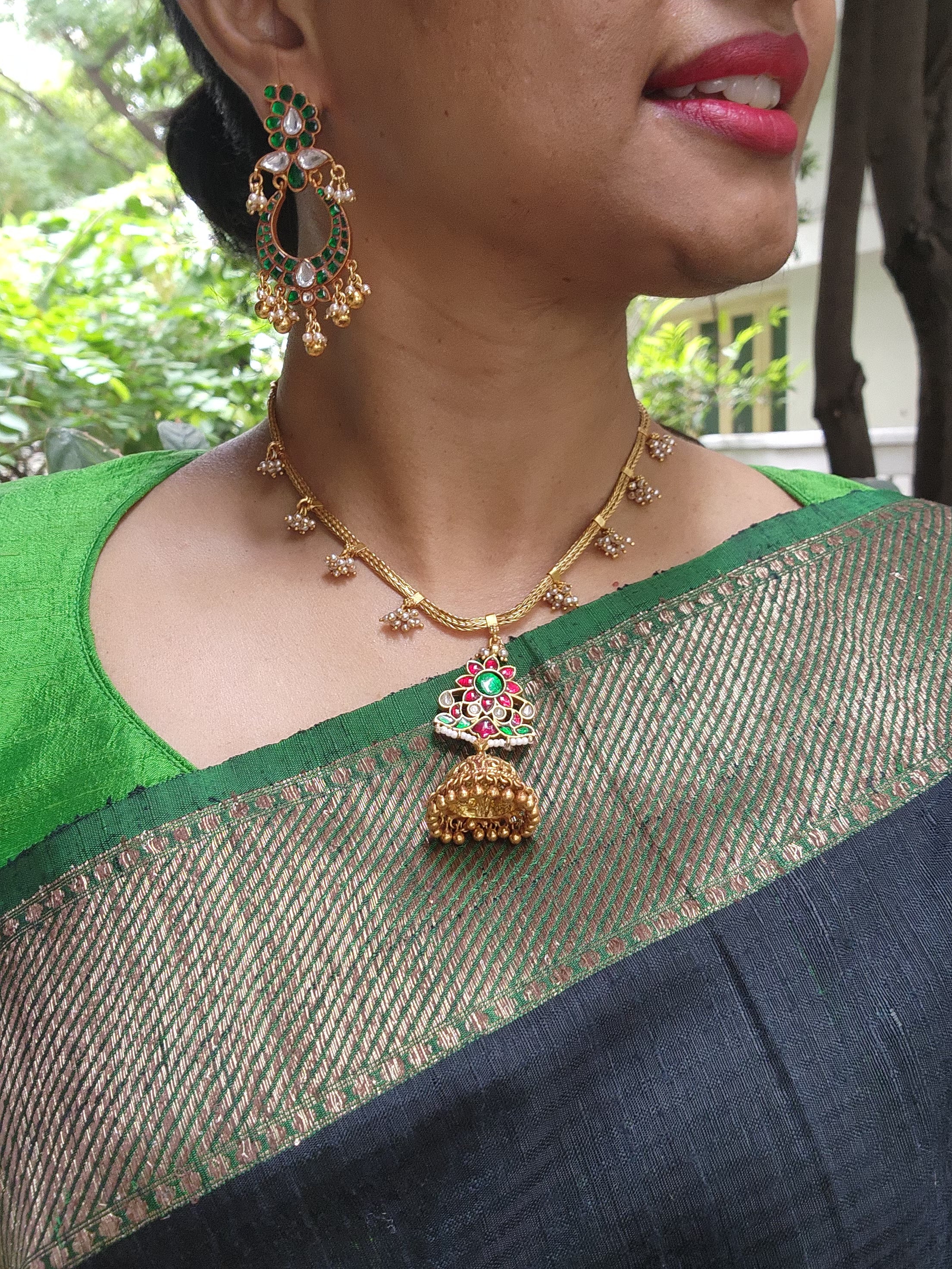 Kundan pendant with jhumka and bunch pearls chain-Silver Neckpiece-PL-House of Taamara