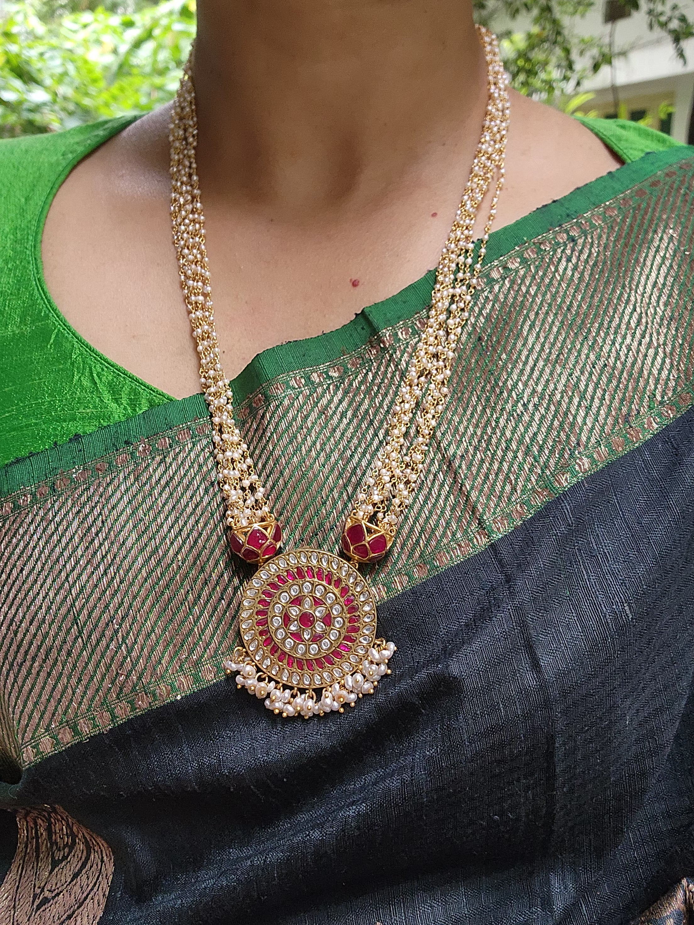 Kundan pendant with pearls bunch-Silver Neckpiece-PL-House of Taamara