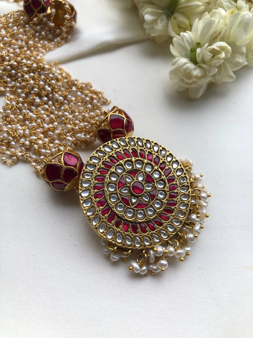 Kundan pendant with pearls bunch-Silver Neckpiece-PL-House of Taamara