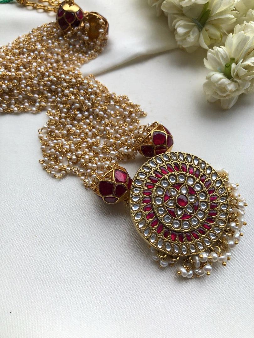 Kundan pendant with pearls bunch-Silver Neckpiece-PL-House of Taamara