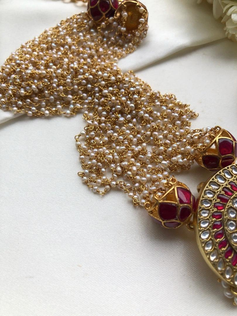 Kundan pendant with pearls bunch-Silver Neckpiece-PL-House of Taamara