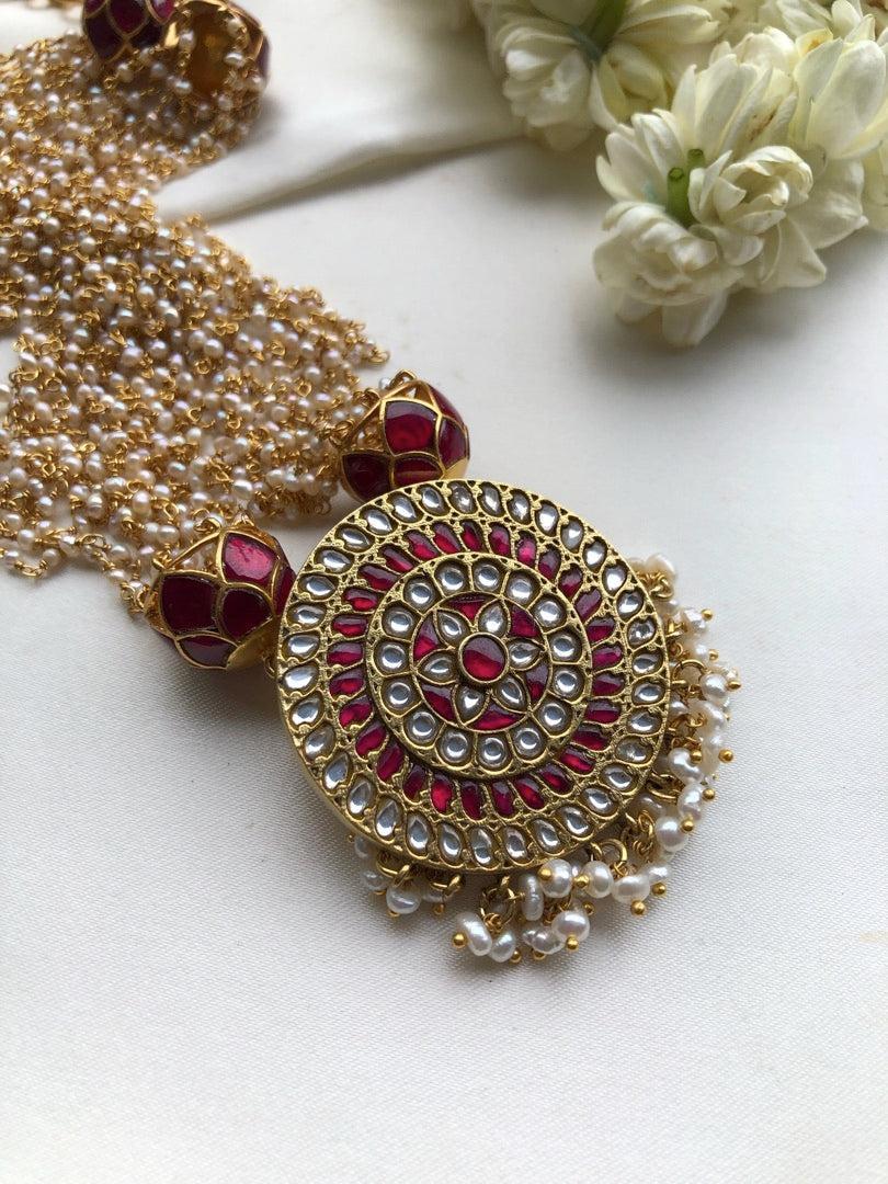Kundan pendant with pearls bunch-Silver Neckpiece-PL-House of Taamara