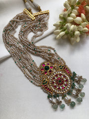 Kundan pendant with pearls & green beads pearls necklace-Silver Neckpiece-PL-House of Taamara