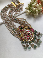 Kundan pendant with pearls & green beads pearls necklace-Silver Neckpiece-PL-House of Taamara