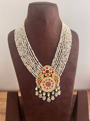 Kundan pendant with pearls & green beads pearls necklace-Silver Neckpiece-PL-House of Taamara