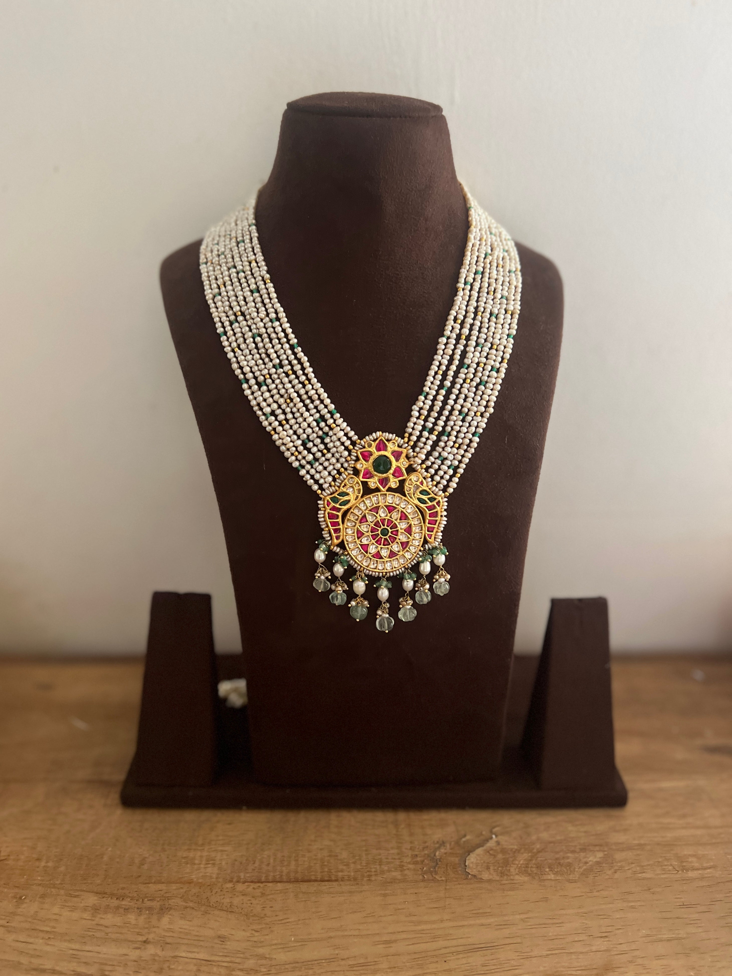 Kundan pendant with pearls & green beads pearls necklace-Silver Neckpiece-PL-House of Taamara